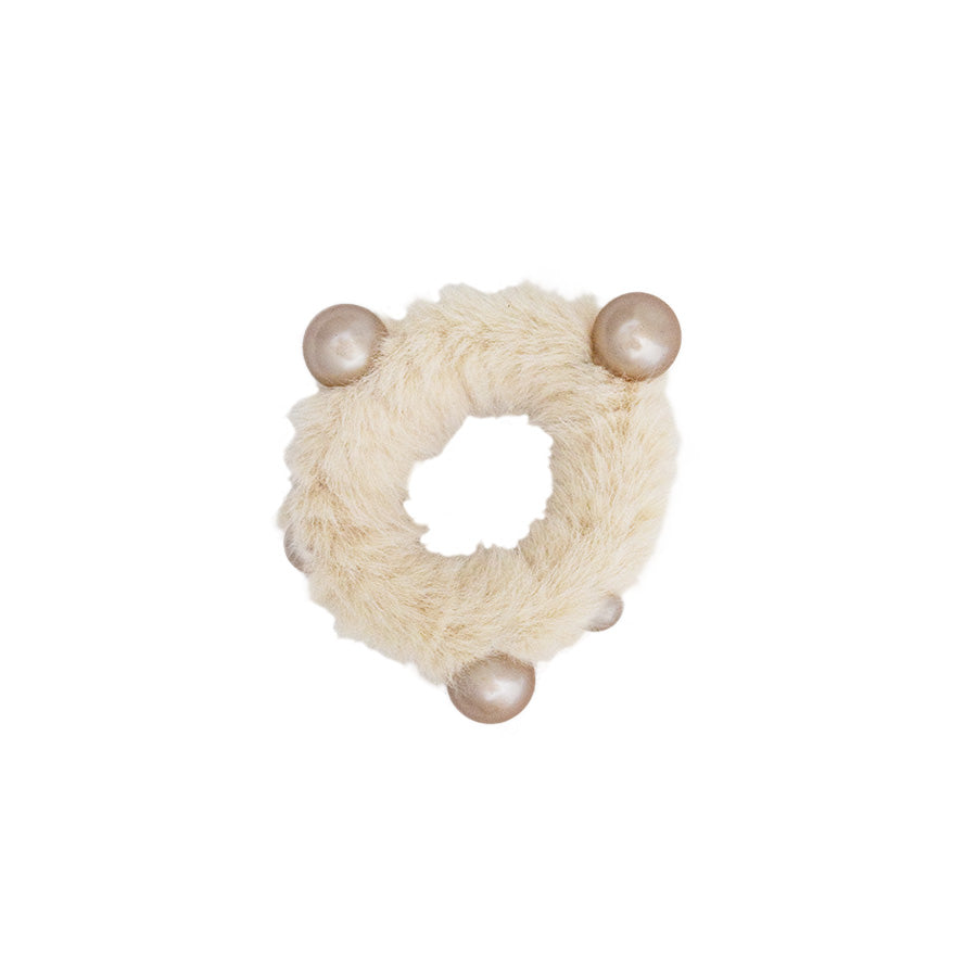 Faux Mink Scrunchie with Pearls in Cream 
