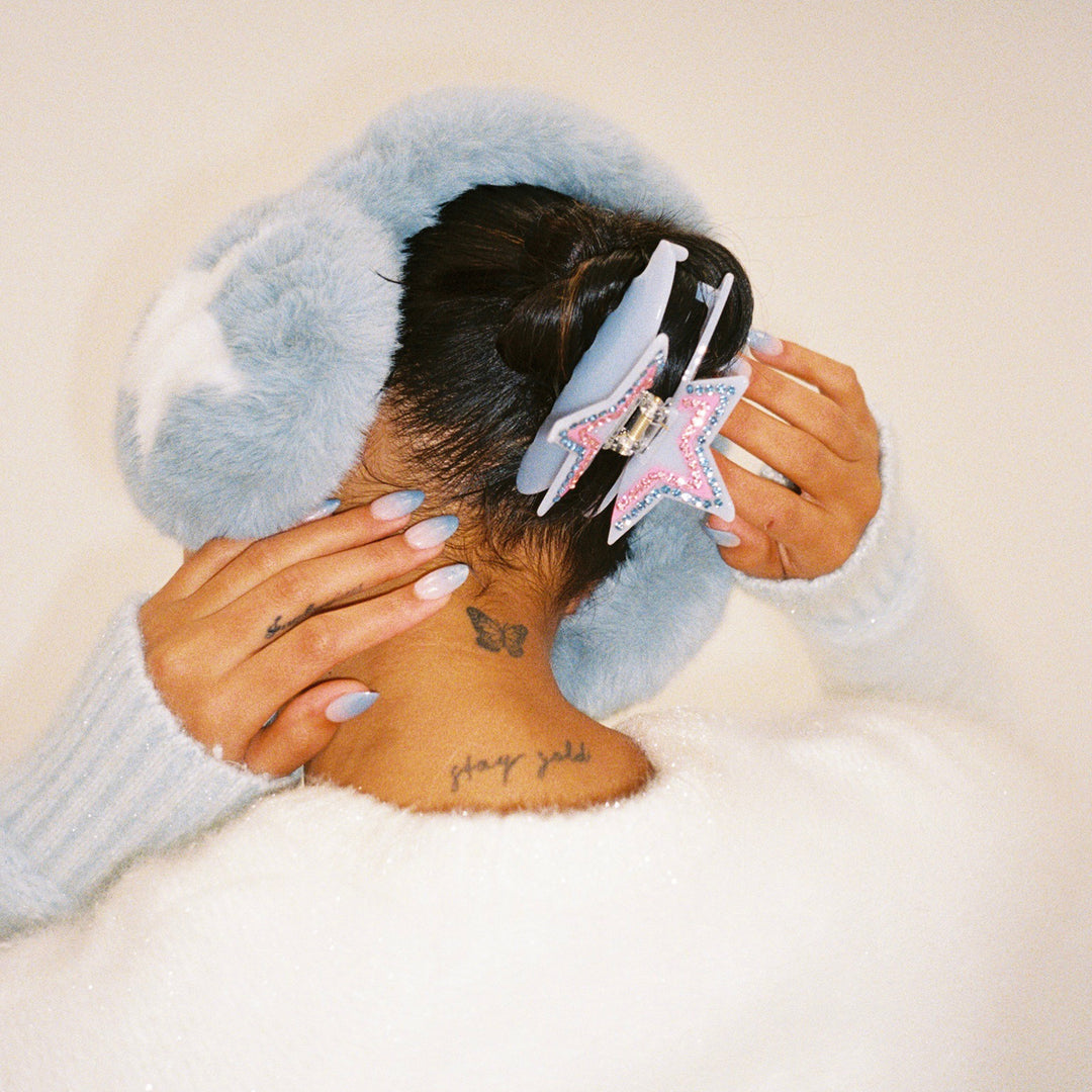 model wearing Sugar Muffs in Winter Dream + Ice Princess Clip in Sweet Cloud