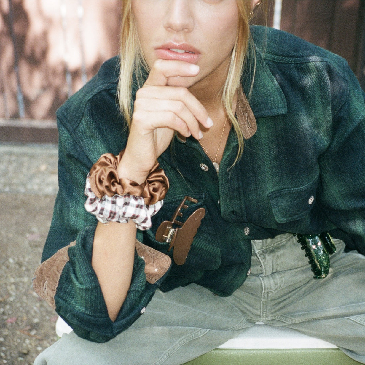 model wearing Plaid Scrunchie in Chai on wrist