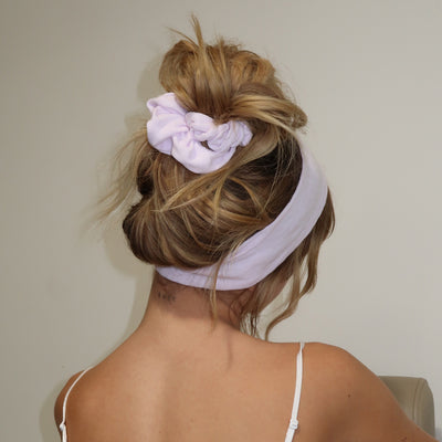 model wearing Pointelle Headband in Frosted Lilac + Pointelle Scrunchie in Frosted Lilac