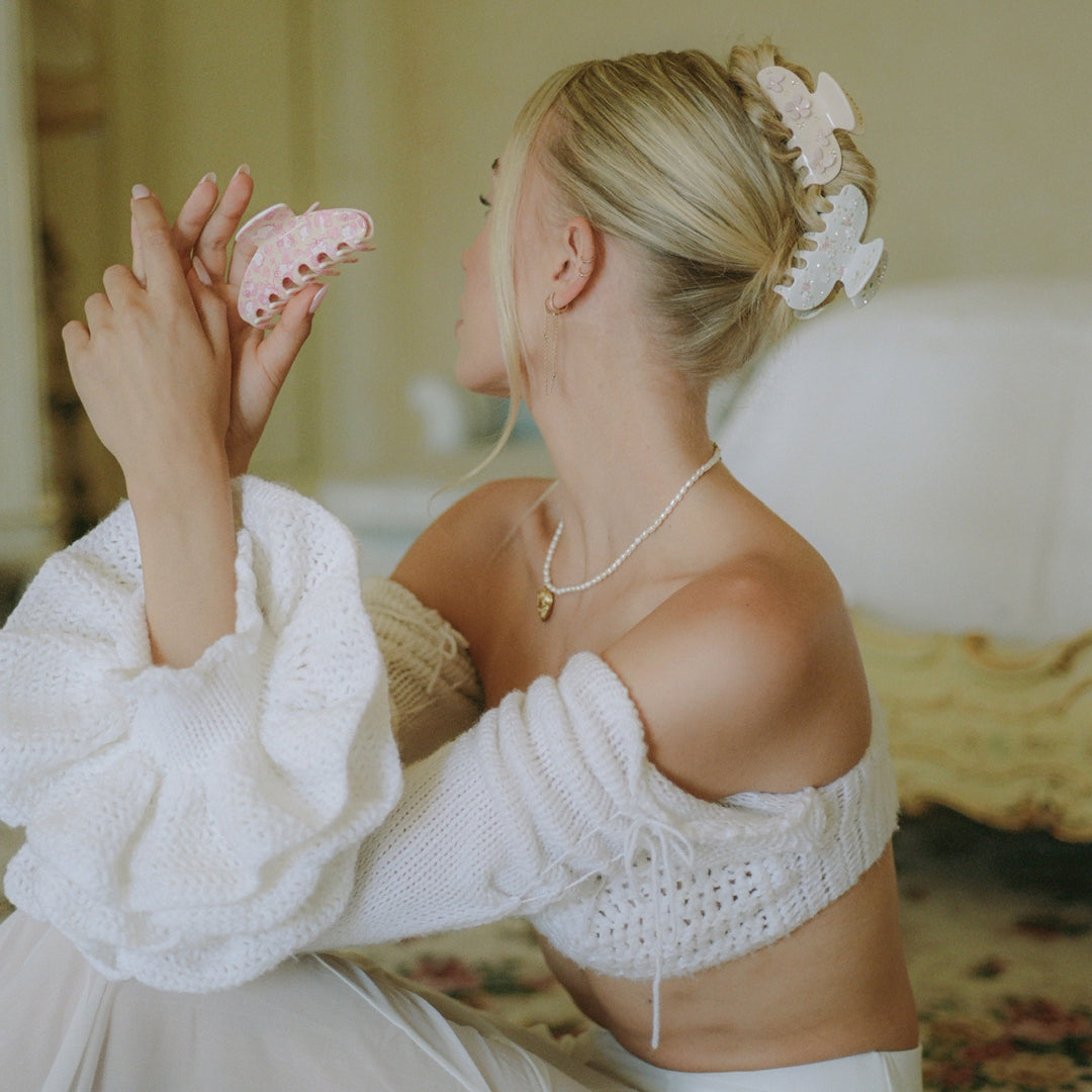 model with Sweetheart Clip in Tea Party + Pink Angel Food Cake in hair