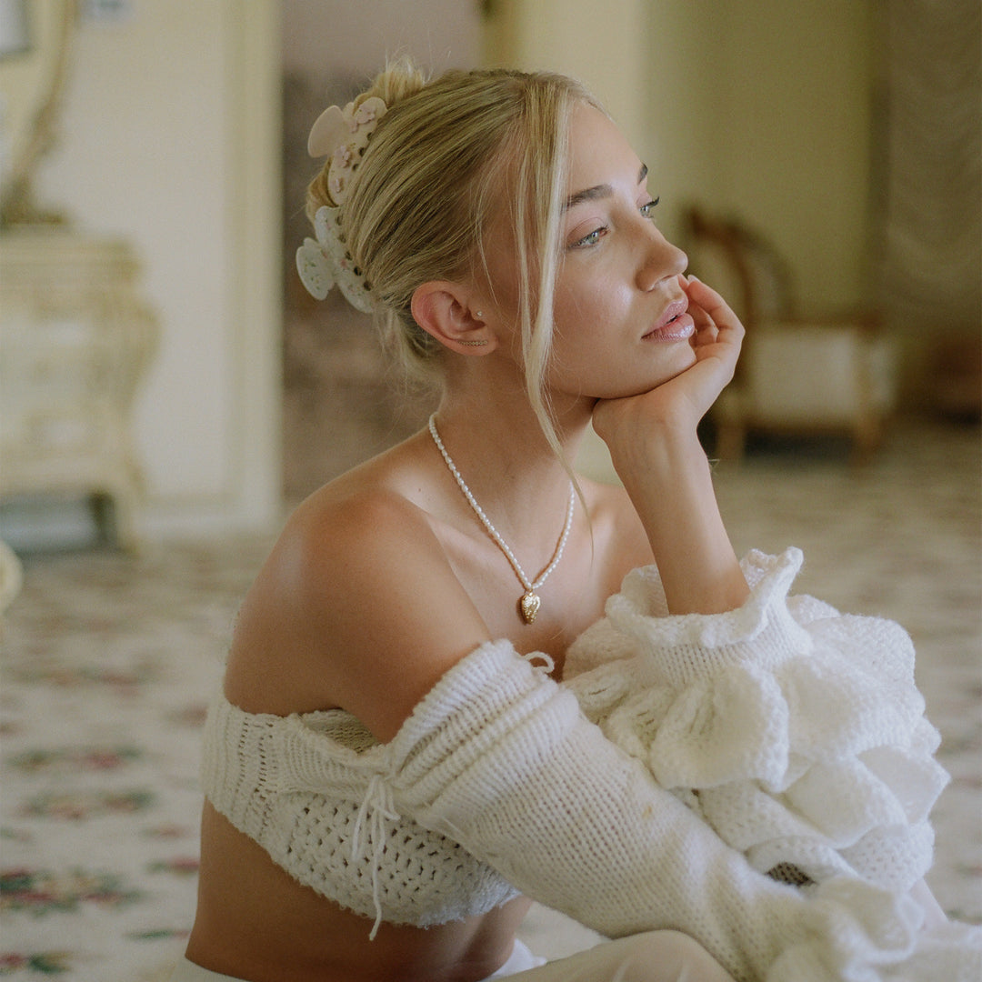 model wearing Sweetheart Clip in Tea Party + Pink Angel Food Cake